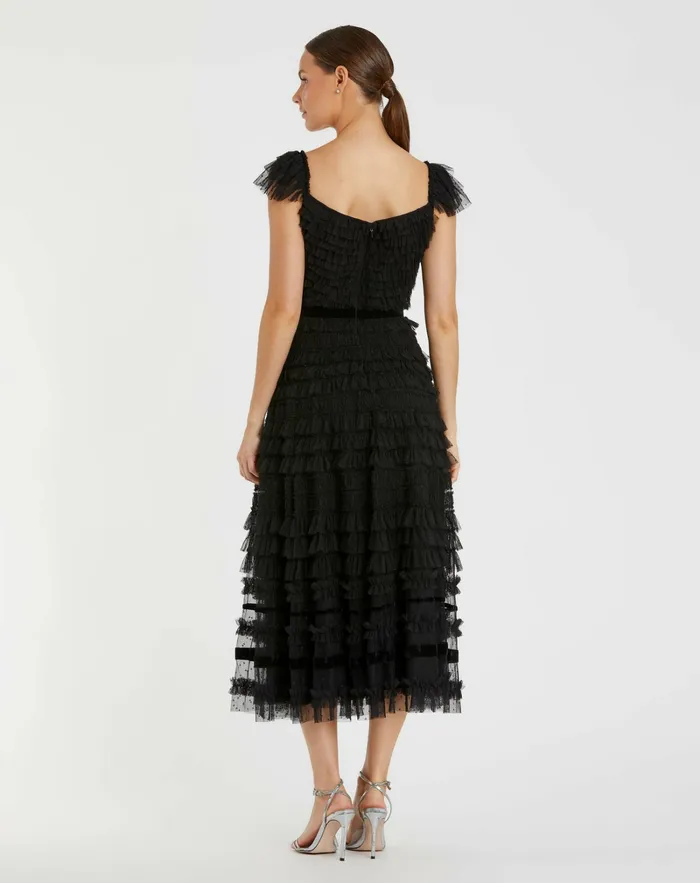 Mac Duggal Ruffle Cap Sleeve Tiered Midi Dress Black Women Daytime Dresses