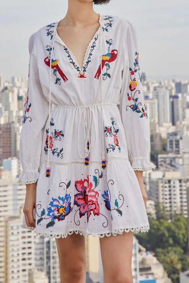 Macaw Cross Stitch Embroidered Mini Dress Women Farm Rio Mini Dresses