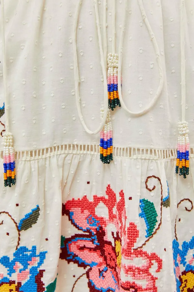 Macaw Cross Stitch Embroidered Mini Dress Women Farm Rio Mini Dresses