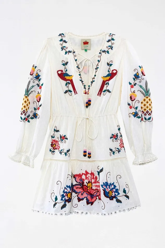 Macaw Cross Stitch Embroidered Mini Dress Women Farm Rio Mini Dresses