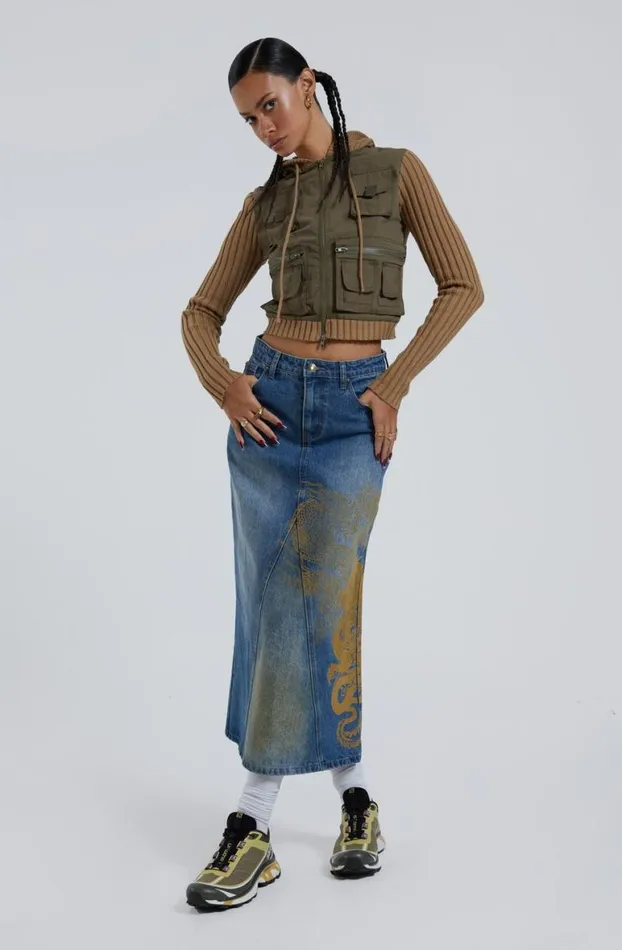 Maxi Skirts Women Jaded London Serpent Denim Slit Maxi Skirt