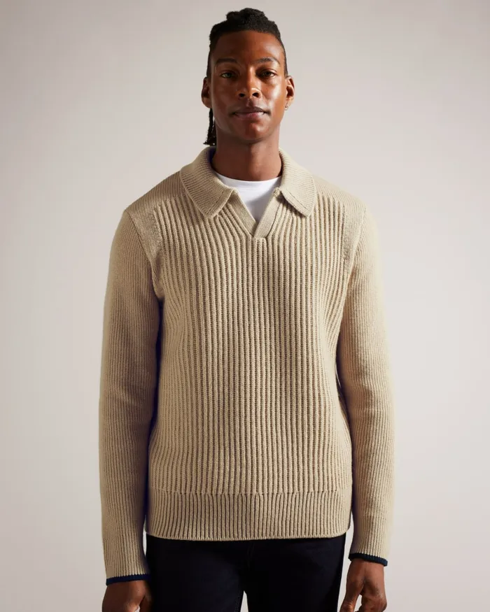 Men ADEMY 8211 Ribbed Knit Polo Neck Jumper Taupe Ted Baker Jumpers and Knitwear Men ADEMY 8211 Ribbed Knit Polo Neck Jumper Taupe Ted Baker Jumpers and Knitwear