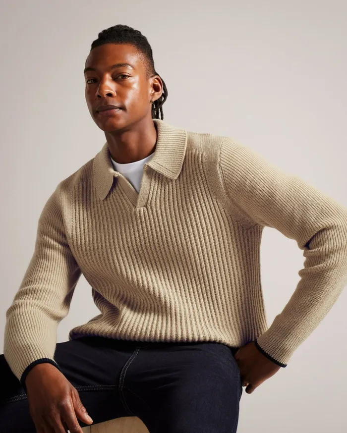 Men ADEMY 8211 Ribbed Knit Polo Neck Jumper Taupe Ted Baker Jumpers and Knitwear Men ADEMY 8211 Ribbed Knit Polo Neck Jumper Taupe Ted Baker Jumpers and Knitwear