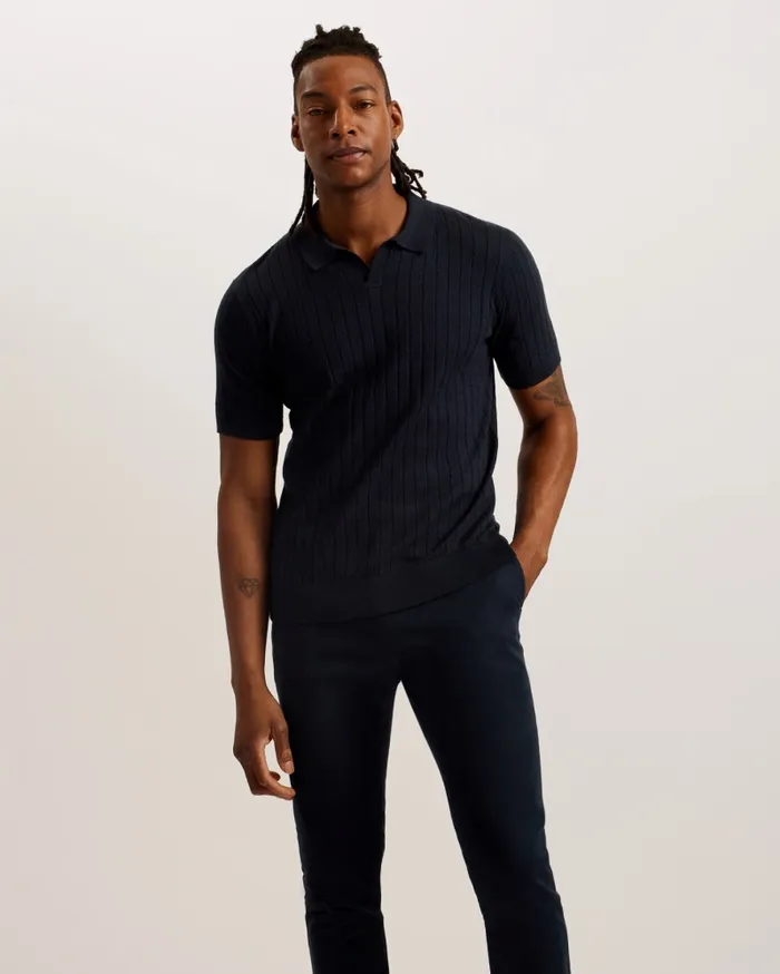 Men BOTANY 8211 Short Sleeve Open Collar Polo Shirt Navy Ted Baker Jumpers and Knitwear