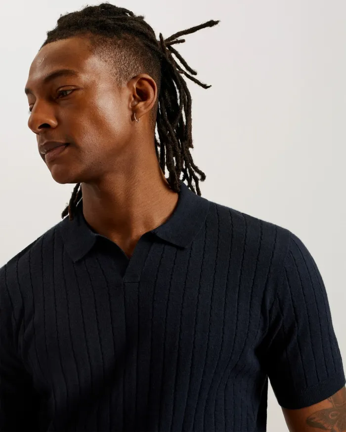 Men BOTANY 8211 Short Sleeve Open Collar Polo Shirt Navy Ted Baker Jumpers and Knitwear