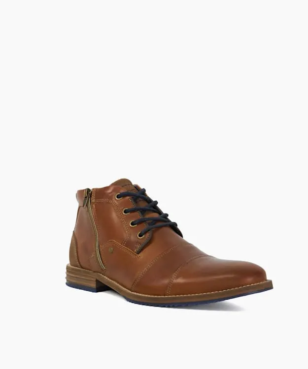 Men Dune London Casual Boots Double Toe Cap Detail Leather Boots Brown