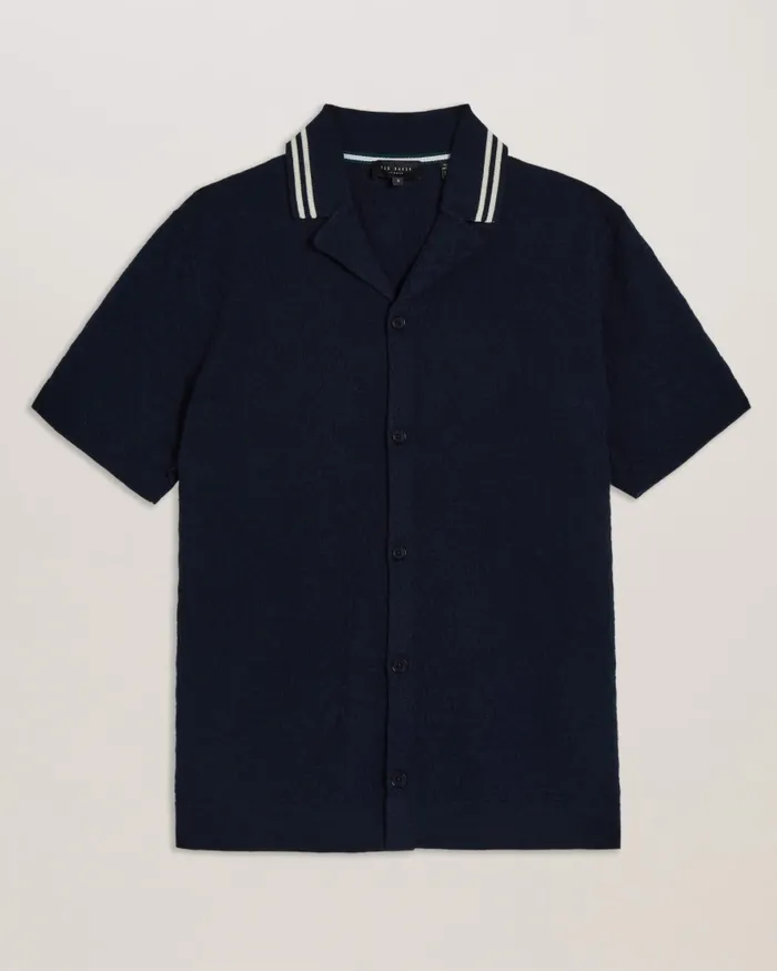 Men EWANN 8211 Short Sleeve Textured Knit Shirt Navy Ted Baker Jumpers and Knitwear