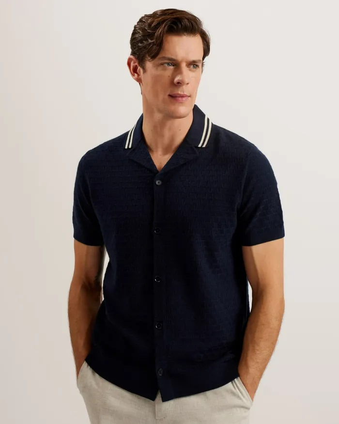 Men EWANN 8211 Short Sleeve Textured Knit Shirt Navy Ted Baker Jumpers and Knitwear