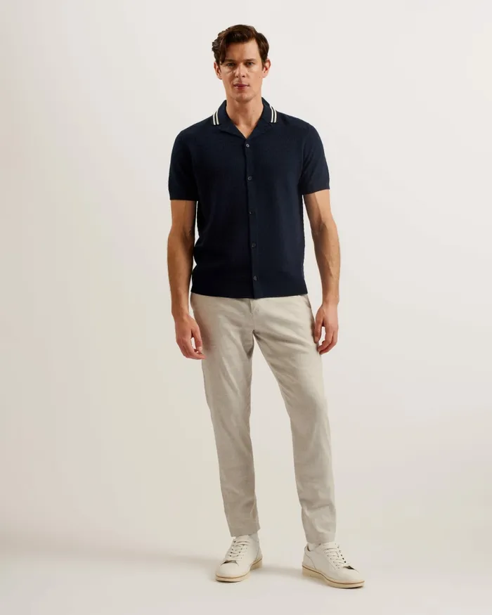 Men EWANN 8211 Short Sleeve Textured Knit Shirt Navy Ted Baker Jumpers and Knitwear