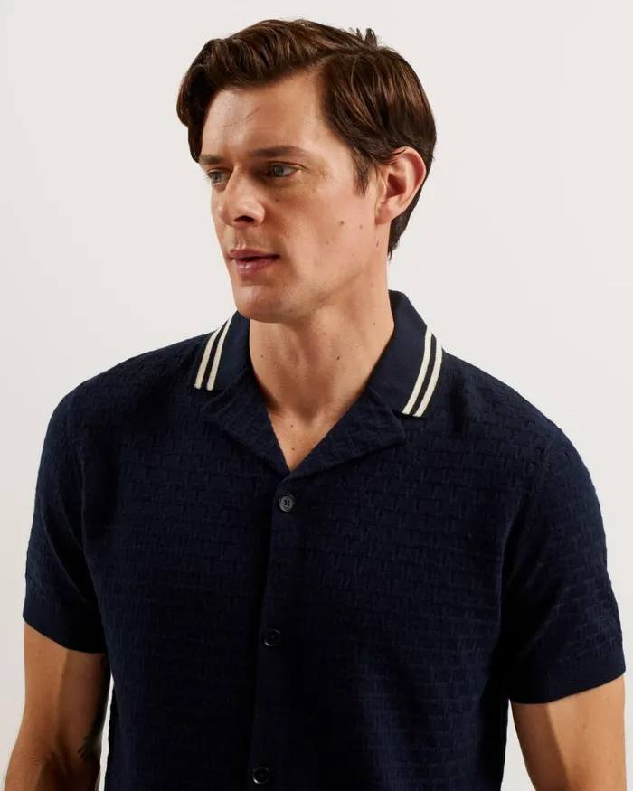 Men EWANN 8211 Short Sleeve Textured Knit Shirt Navy Ted Baker Jumpers and Knitwear