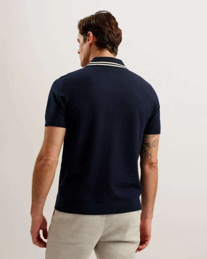 Men EWANN 8211 Short Sleeve Textured Knit Shirt Navy Ted Baker Jumpers and Knitwear