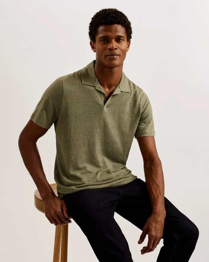 Men FLINPO 8211 Linen Revere Collar Polo Shirt Olive Ted Baker Tops Men FLINPO 8211 Linen Revere Collar Polo Shirt Olive Ted Baker Tops