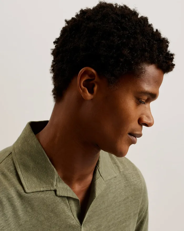 Men FLINPO 8211 Linen Revere Collar Polo Shirt Olive Ted Baker Tops Men FLINPO 8211 Linen Revere Collar Polo Shirt Olive Ted Baker Tops