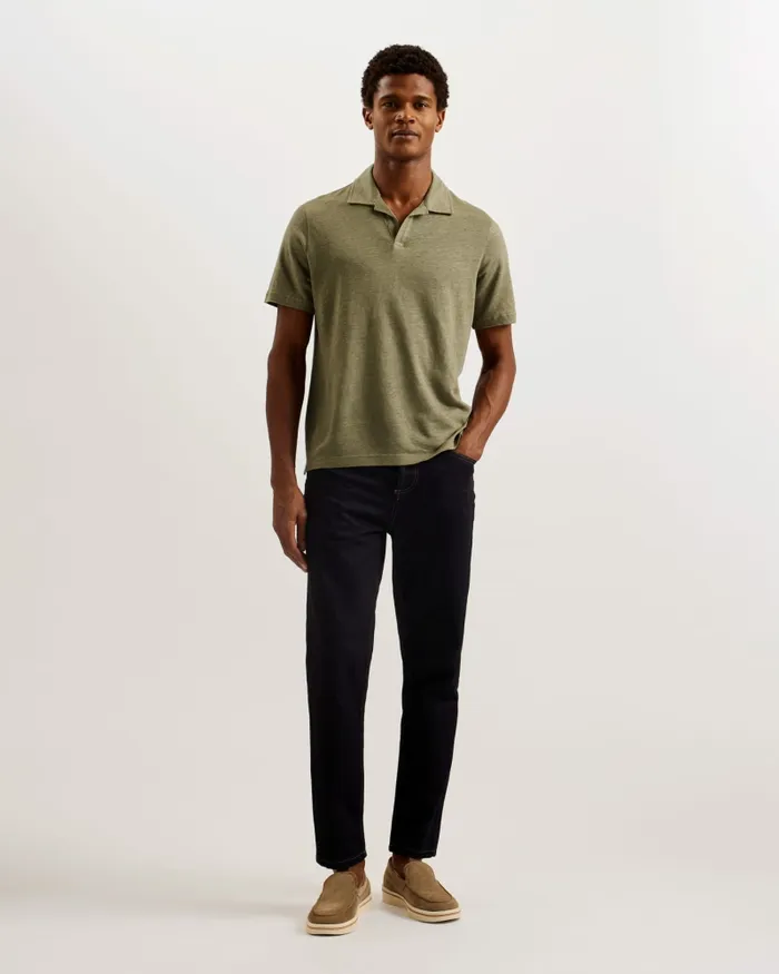 Men FLINPO 8211 Linen Revere Collar Polo Shirt Olive Ted Baker Tops Men FLINPO 8211 Linen Revere Collar Polo Shirt Olive Ted Baker Tops