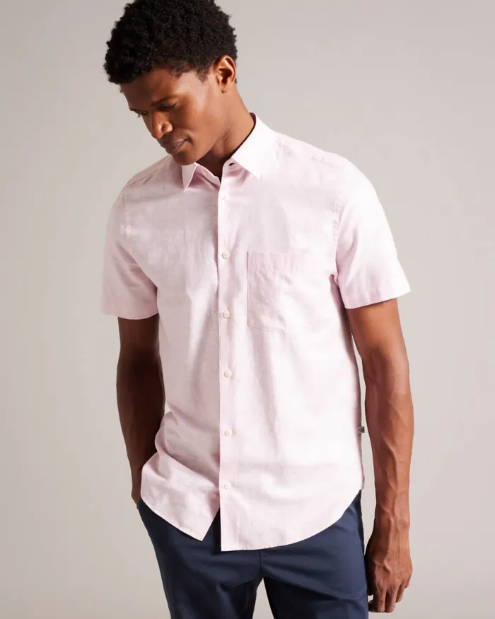 Men KINGFRD 8211 Short Sleeve Linen Shirt Medium Pink Ted Baker Shirts
