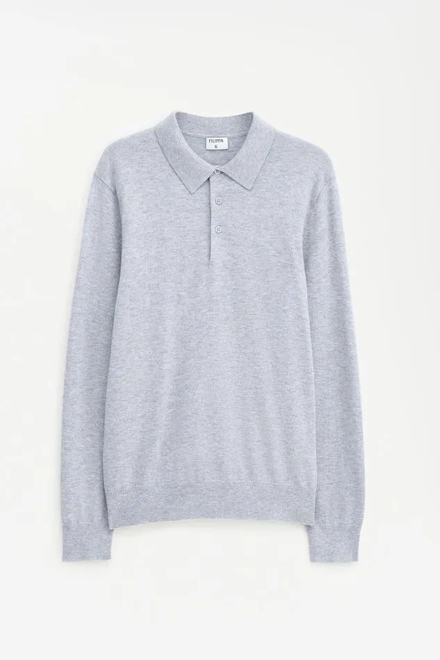 Men Knitted Polo Shirt Light Grey Melange Filippa K Knitwear