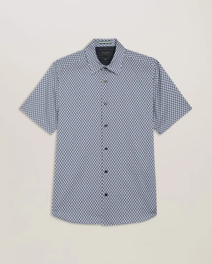 Men LACESHO 8211 Short Sleeve Geo Printed Shirt Navy Ted Baker Shirts