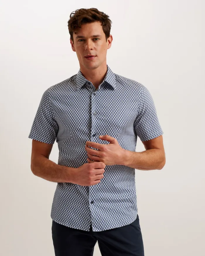 Men LACESHO 8211 Short Sleeve Geo Printed Shirt Navy Ted Baker Shirts Men LACESHO 8211 Short Sleeve Geo Printed Shirt Navy Ted Baker Shirts