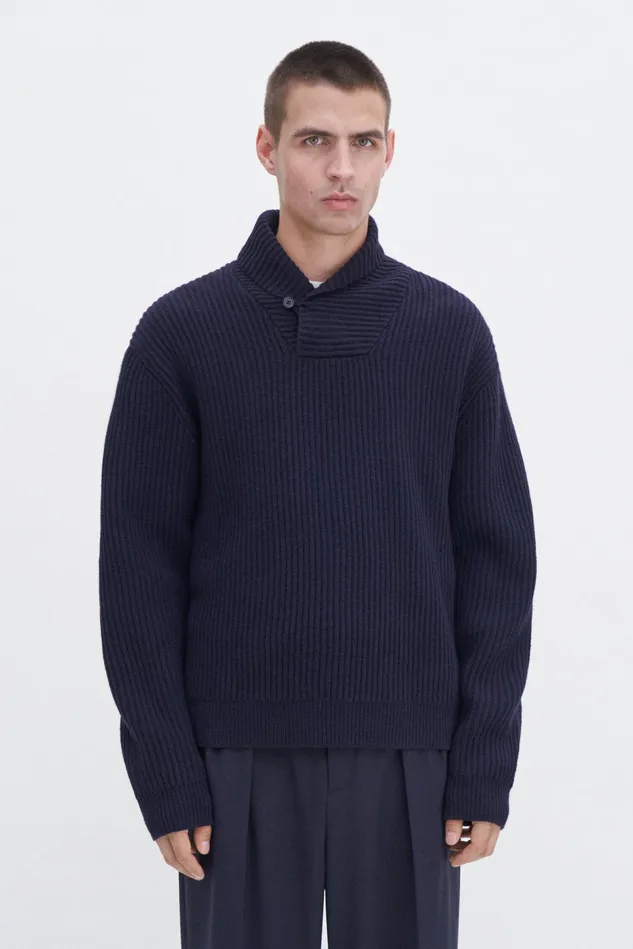 Men Lambswool Shawl Collar Sweater Navy Filippa K Knitwear
