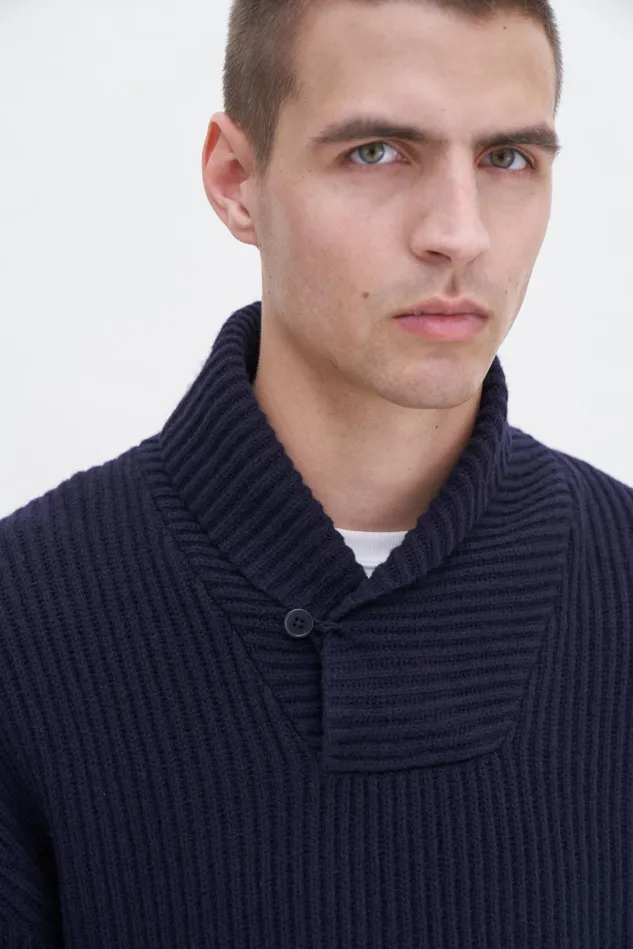 Men Lambswool Shawl Collar Sweater Navy Filippa K Knitwear