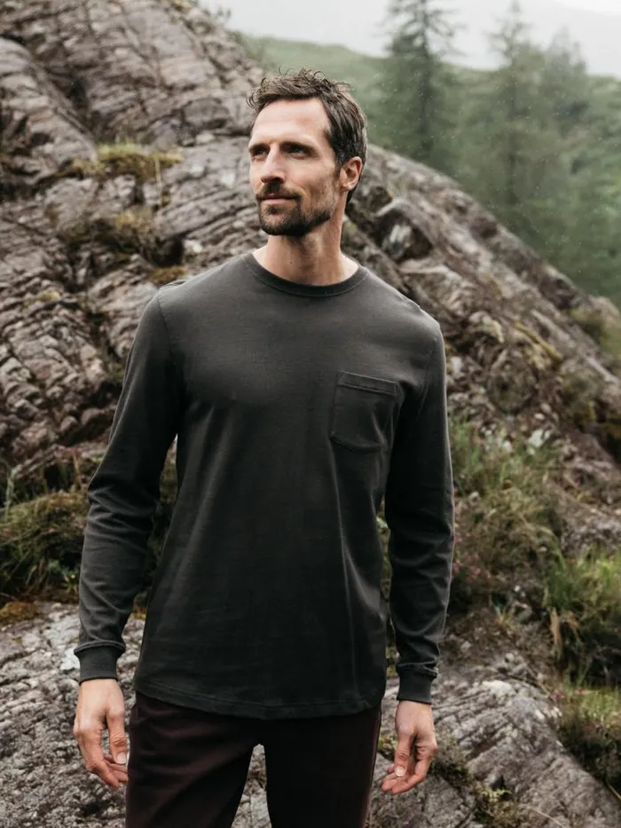 Men Orca Recycled Pocket Long Sleeve TShirt Raven Black Finisterre TShirts