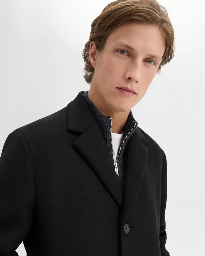 Men Outerwear Theory 3Button Topcoat In Recycled WoolBlend Melton Black