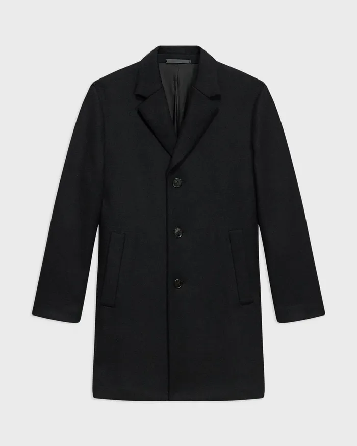 Men Outerwear Theory 3Button Topcoat In Recycled WoolBlend Melton Black