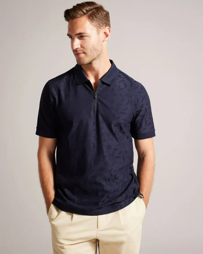 Men POLENN 8211 Tulip Textured Zip Polo Shirt Navy Ted Baker Polo Shirts