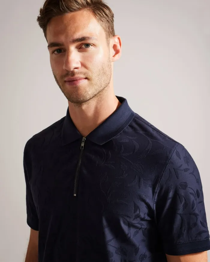 Men POLENN 8211 Tulip Textured Zip Polo Shirt Navy Ted Baker Polo Shirts