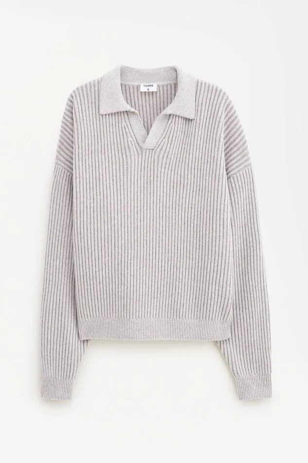Men Ribbed Wool Polo Shirt Beigewhite Filippa K Knitwear
