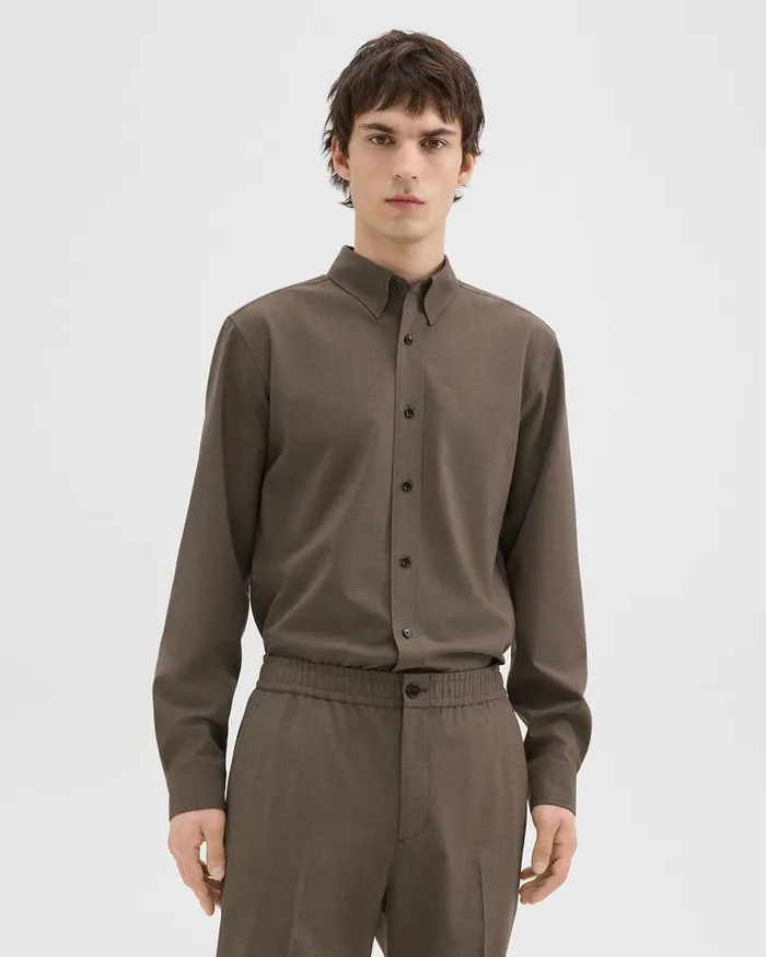 Men Shirts Theory Hugh Shirt In Virgin Wool Fossil Melange