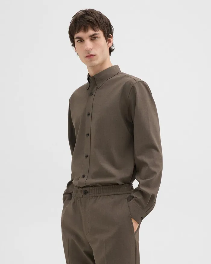Men Shirts Theory Hugh Shirt In Virgin Wool Fossil Melange