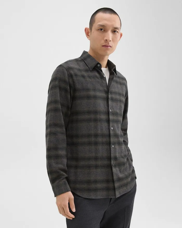 Men Shirts Theory Irving Shirt In Plaid Cotton Flannel Hunter Green Melange