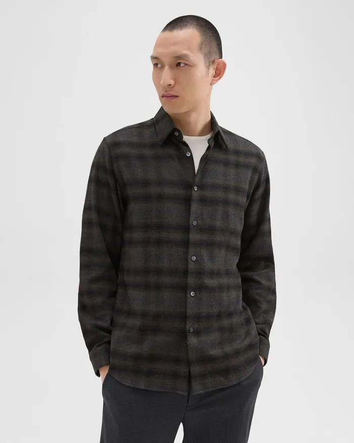 Men Shirts Theory Irving Shirt In Plaid Cotton Flannel Hunter Green Melange