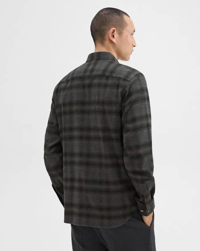 Men Shirts Theory Irving Shirt In Plaid Cotton Flannel Hunter Green Melange