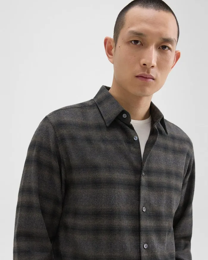 Men Shirts Theory Irving Shirt In Plaid Cotton Flannel Hunter Green Melange
