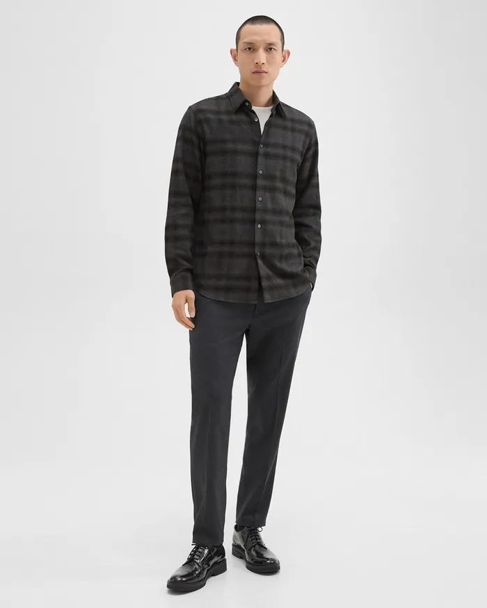 Men Shirts Theory Irving Shirt In Plaid Cotton Flannel Hunter Green Melange