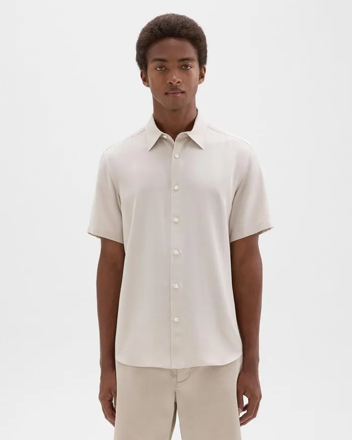 Men Shirts Theory Irving ShortSleeve Shirt In Fluid Twill New Sand