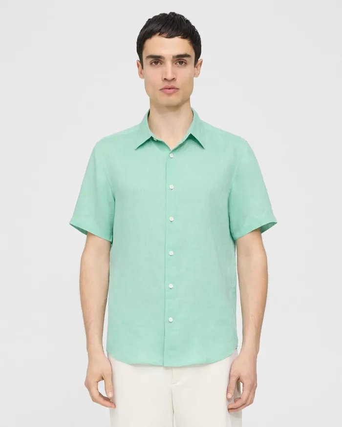 Men Shirts Theory Irving ShortSleeve Shirt In Relaxed Linen Celadon