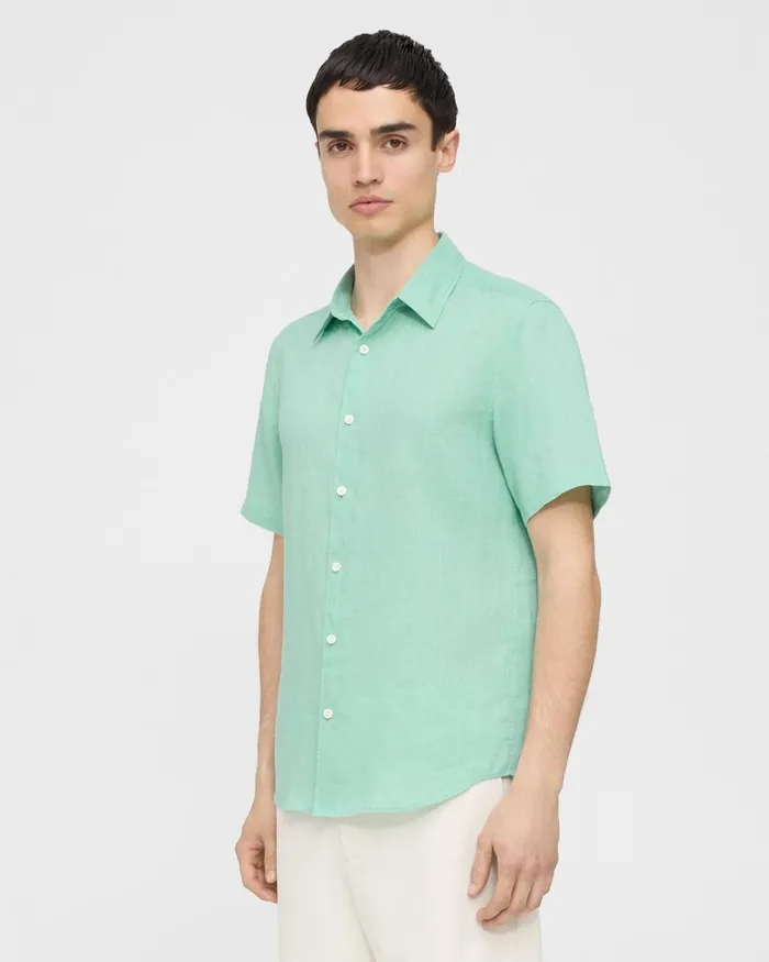 Men Shirts Theory Irving ShortSleeve Shirt In Relaxed Linen Celadon