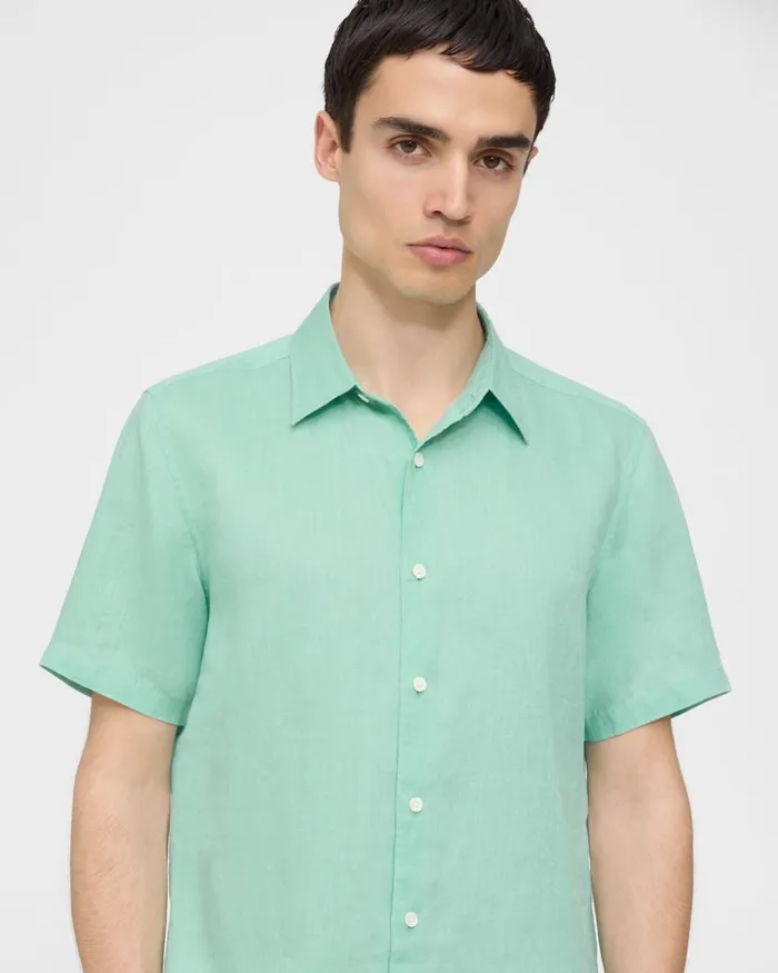 Men Shirts Theory Irving ShortSleeve Shirt In Relaxed Linen Celadon