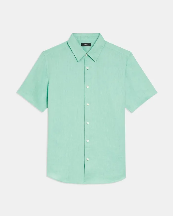 Men Shirts Theory Irving ShortSleeve Shirt In Relaxed Linen Celadon