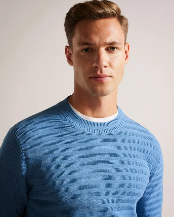 Men STAND 8211 Long Sleeve Jumper With Textured Stitch Sky Blue Ted Baker Jumpers and Knitwear