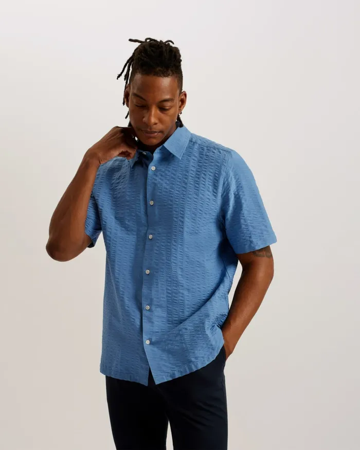 Men VERDON 8211 Seersucker Stripe Cotton Shirt Blue Ted Baker Shirts