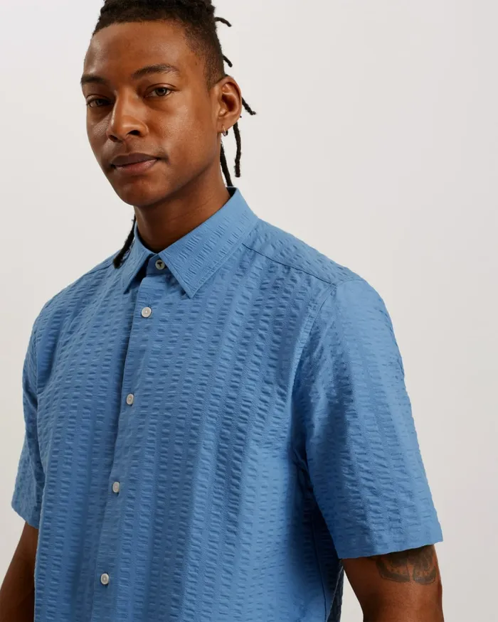 Men VERDON 8211 Seersucker Stripe Cotton Shirt Blue Ted Baker Shirts