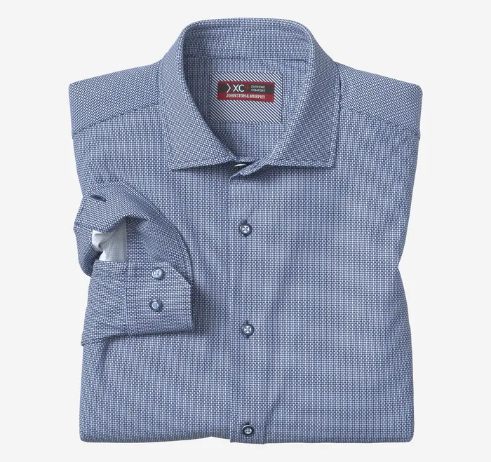 Men XC4 LongSleeve Print Knit Shirt Navy Basketweave Shirts Johnston and Murphy