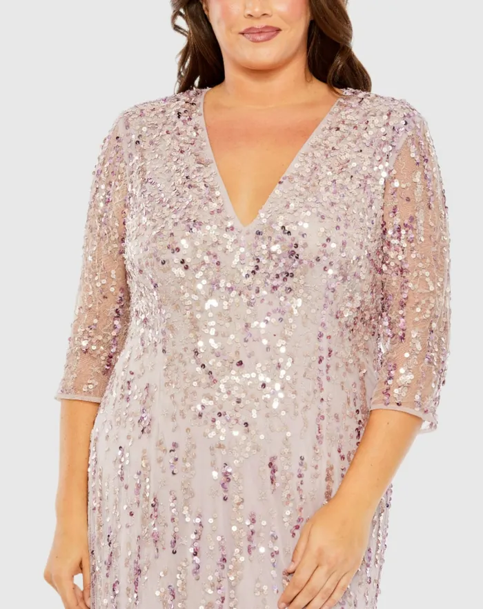 Mid Length Mesh Sleeve V Neck Embellished Dress Lilac Plus Size Dresses Mac Duggal Women Mid Length Mesh Sleeve V Neck Embellished Dress Lilac Plus Size Dresses Mac Duggal Women