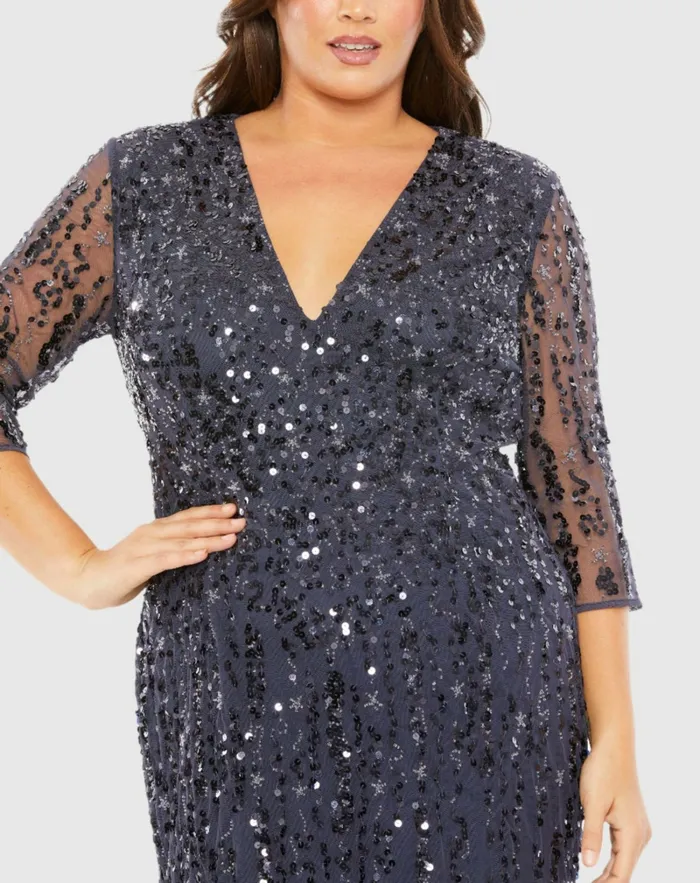 Mid Length Mesh Sleeve V Neck Embellished Dress Lilac Plus Size Dresses Mac Duggal Women Mid Length Mesh Sleeve V Neck Embellished Dress Lilac Plus Size Dresses Mac Duggal Women