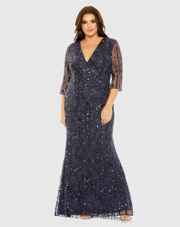 Mid Length Mesh Sleeve V Neck Embellished Dress Lilac Plus Size Dresses Mac Duggal Women Mid Length Mesh Sleeve V Neck Embellished Dress Lilac Plus Size Dresses Mac Duggal Women