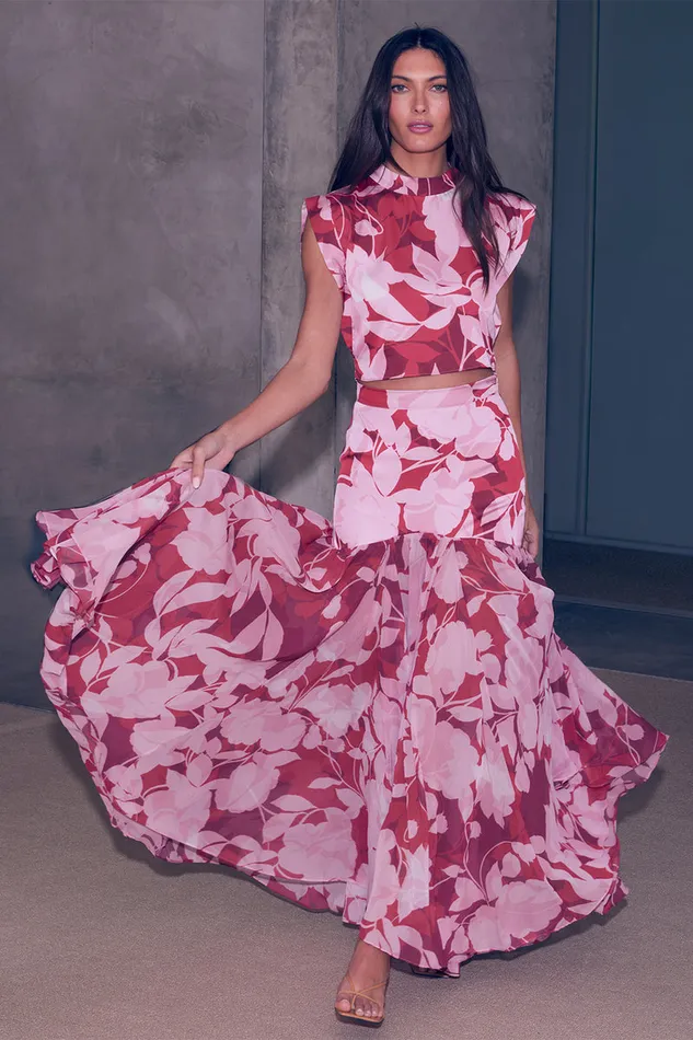 Misa Los Angeles Inah Top Flora Rosada Satin Women Matching Sets